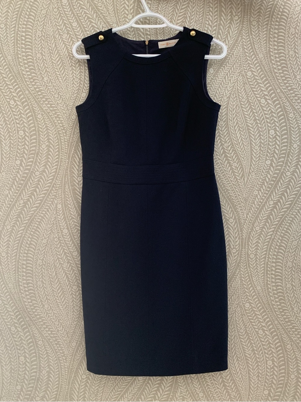 Tory Burch Navy Sleeveless Sheath Dress with Gold Buttons